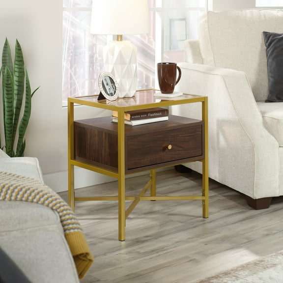 Sauder Harper Heights 1 Drawer Glass Top Gold Metal End Table, Multiple Colors