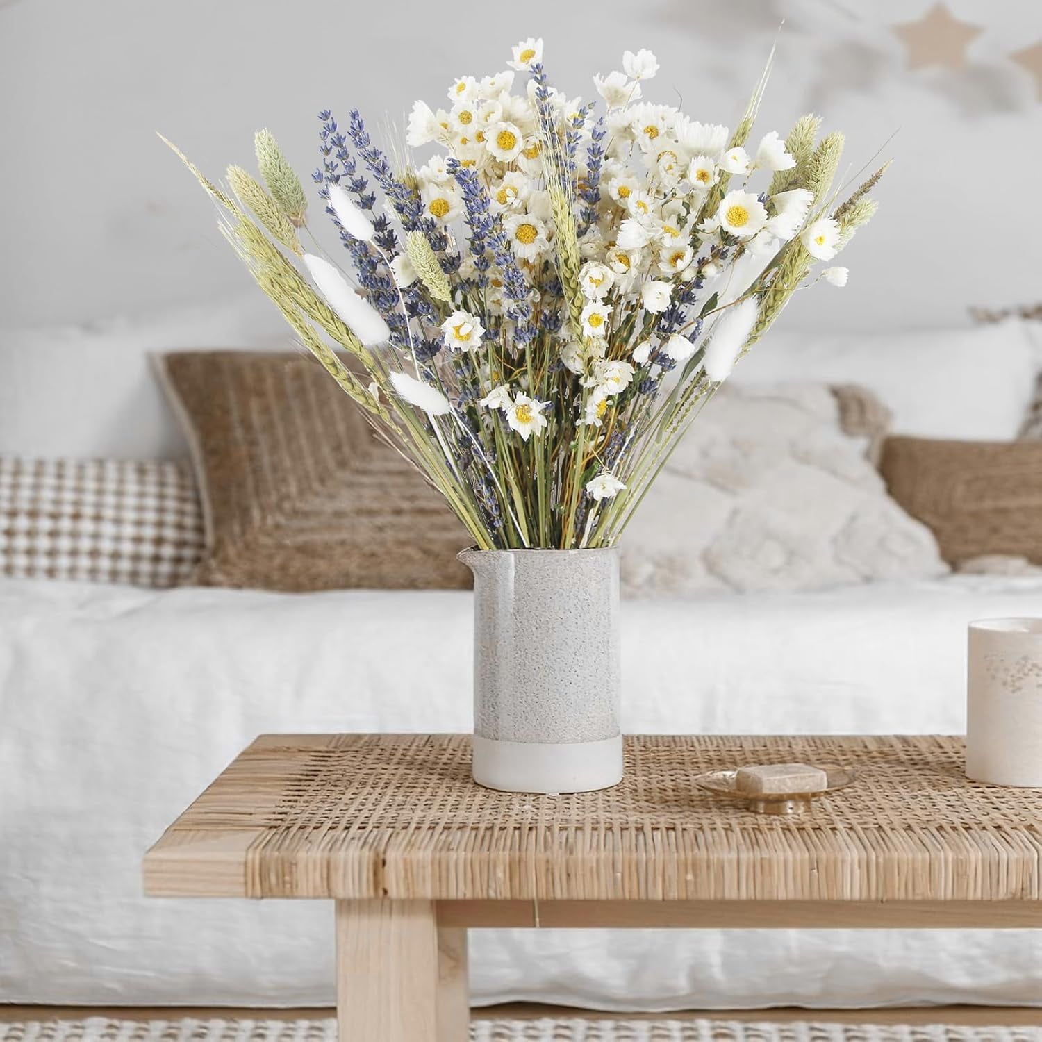 Dried Flowers Bouquet Dried Daisy Flowers Natural Lavender Dried Flowers Bunny Tails Gerber Daisies Flowers Wheat Stalks Floral Arrangements for Wedding Table Centerpiece Decor Farmhouse