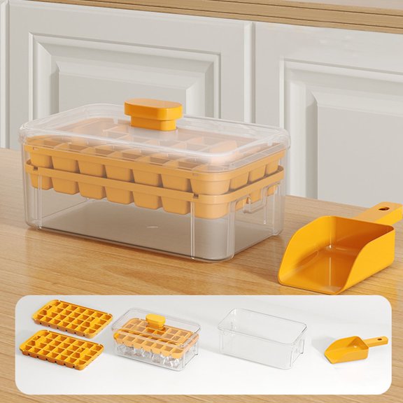 Push Ice Cubes Tray Compartment with Storage Box - One Button Release Ice Tray, BPA-Free Plastic Ice Mould with Cover & Ice Shovel, Home Ice Box for Fresh & Odor-Free Ice Cubess