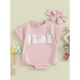 thumbnail image 2 of Suealasg Baby Girls Easter Outfits Short Sleeve Bunny Embroidery Romper + Headband Set 2Pcs Newborn 1st Birthday Clothes, 2 of 9