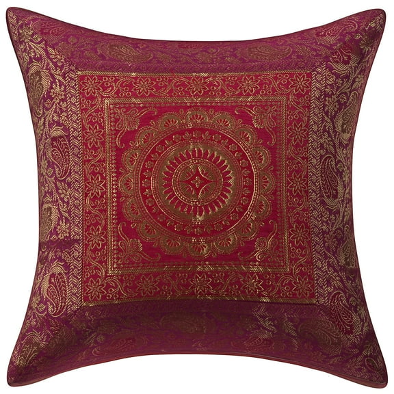 Stylo Culture Ethnic Chair Seat Throw Pillow Cover 16x16 Jacquard Magenta Square 40 x 40 cm Home Decor Brocade Floral Mandala Zippered Cushion Cover | 1 Pc