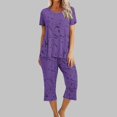 thumbnail image 1 of Économies d'Été Liquidation Iumwxz Pyjamas Décontractés Fluides Tenues Grande Taille Tenues d'Été Mode Graphique Col Rond Manches Courtes Taille Élastique Pantalons Raccourcis Ensembles Assortis pour Fête Dames, 1 of 6