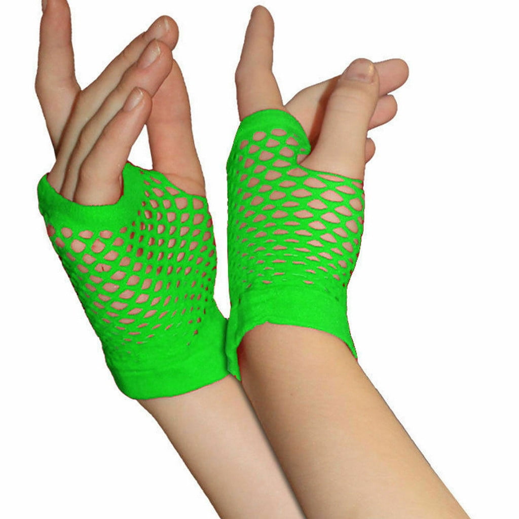XMMSWDLA 1 Pairs Fingerless Fishnet Neon Gloves 80s Fishnet Gloves Short Fishnet  Mesh Fingerless Gloves For Women And Girls 80s 90s Party Accessories  Supplies Mesh Gloves Green 