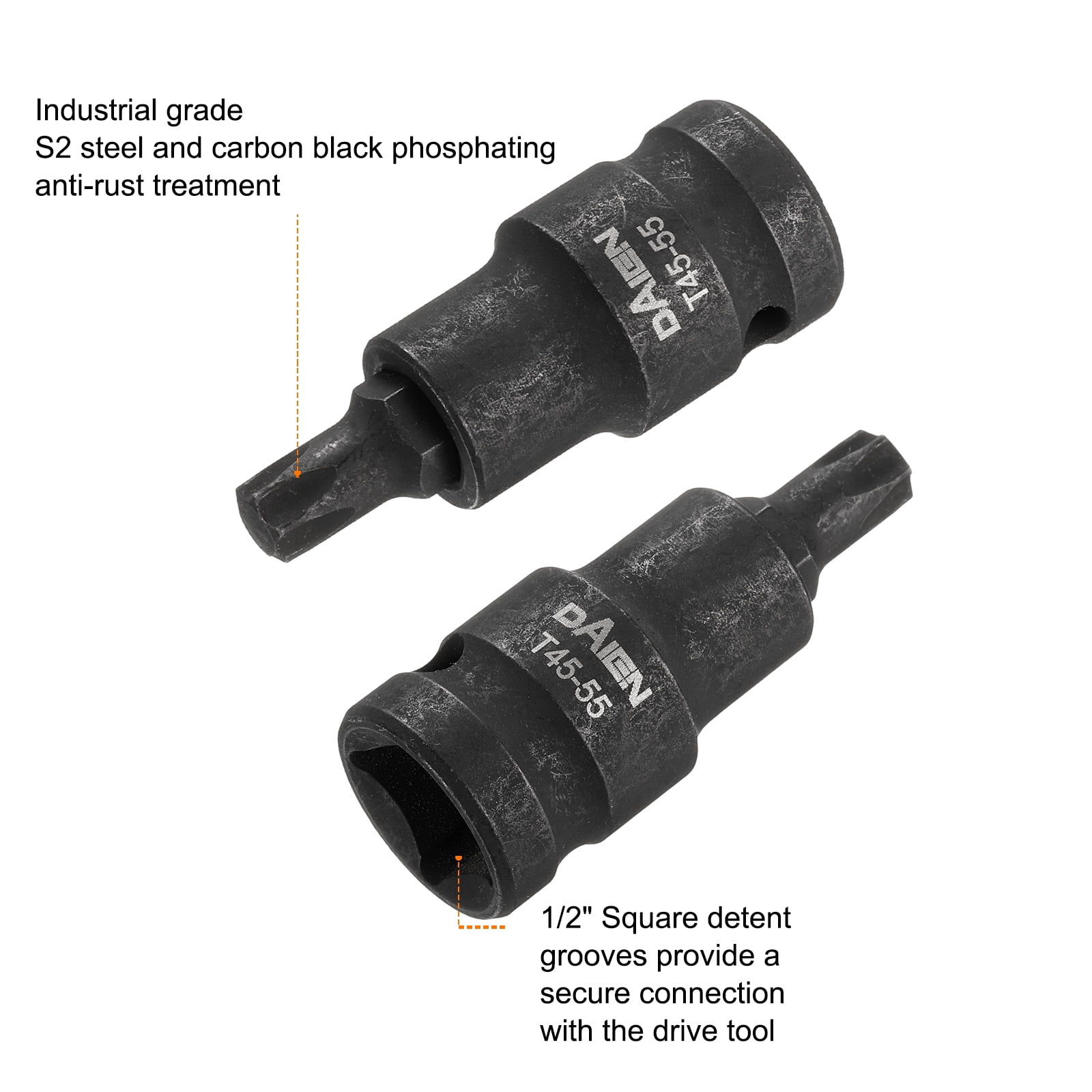 Uxcell 5pcs T45 Torx Bit Socket 55mm/2.17" Length 1/2" Square Drive Star 6 Point Extension Impact Bit Power Nut Driver Set S2 Steel Socket Ratchet Wrench Bits, Black