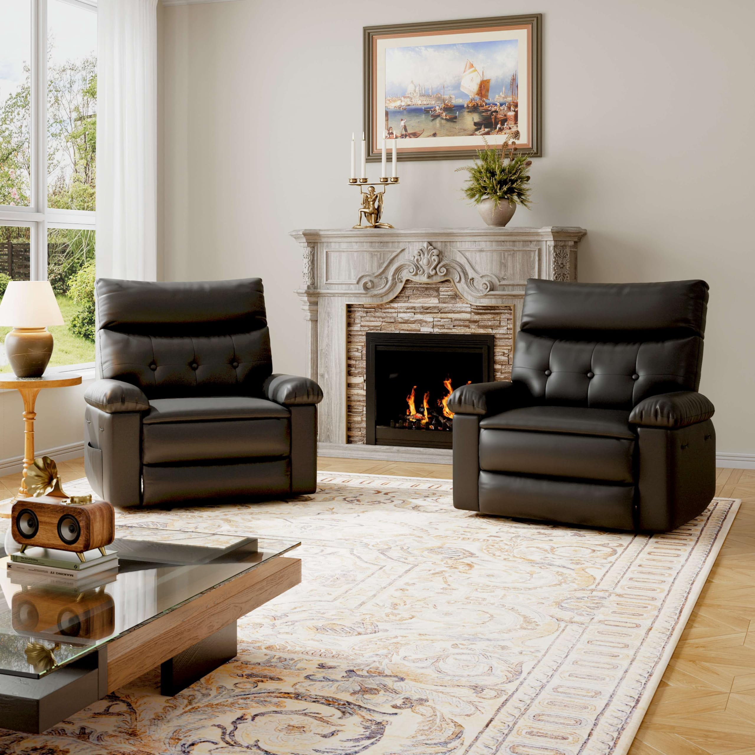 Oversized Rocker Recliner for Adults, Nursery Glider Recliner with Massage and Heating, Rocking Chair with 1.5X Sponge Comfort Arm and Back, Side Pockets, PU Leather Manual Recliner Chair