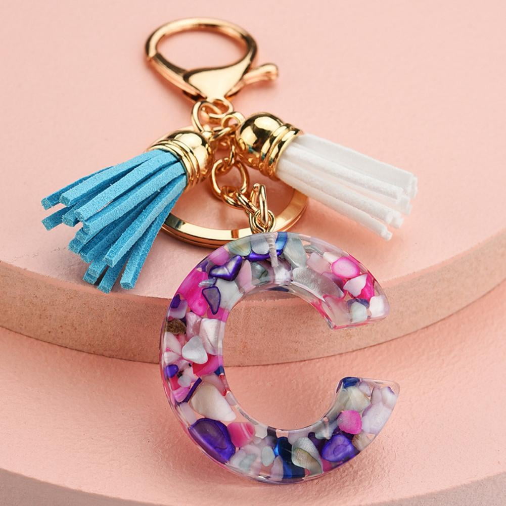 A Z Initial Letter Alphabet Keyring with Tassel and Glass Ball Pendant Floral Resin Key Chain K9S0 Walmart