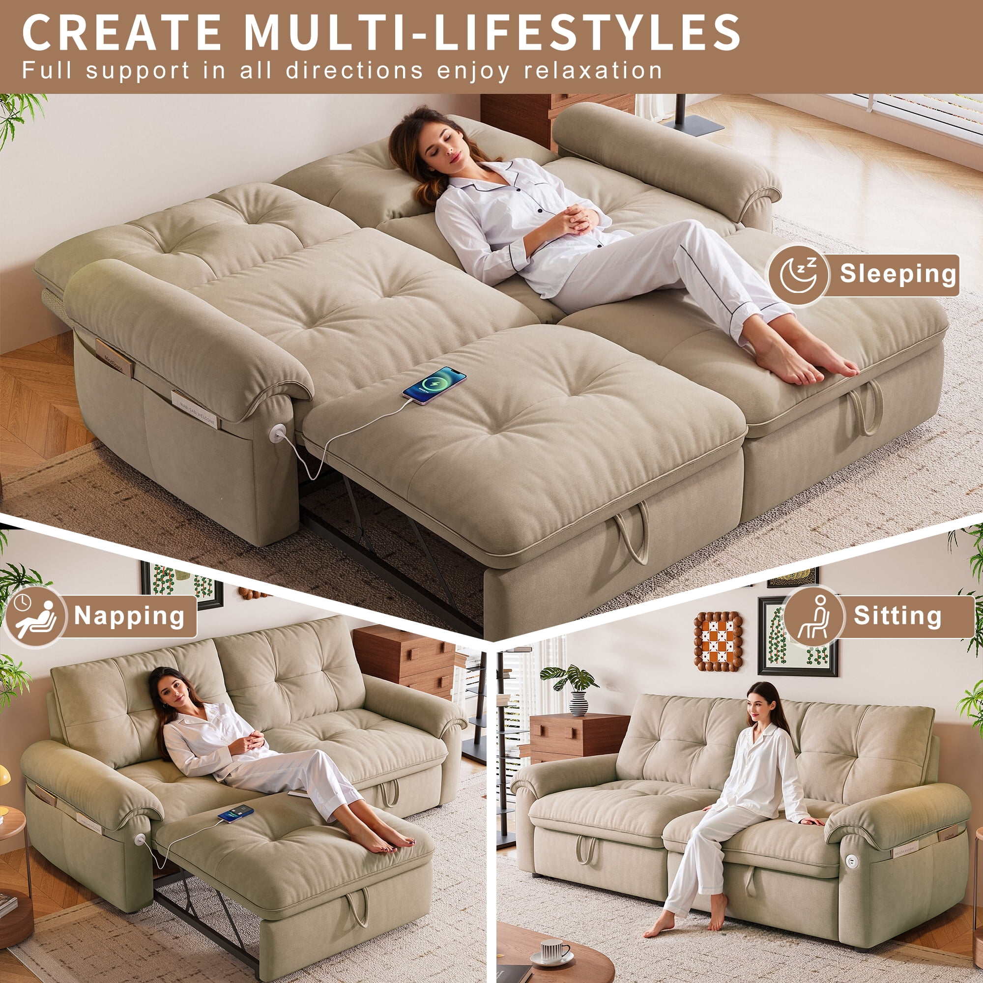 Kosynda 77"W Pull Out Couch with USB, 3 in 1 Convertible Sofa Bed with Storage Pockets, Folding Loveseat Sleeper Sofa for Living Room, Bedroom, Office, Small Space, Light Brown