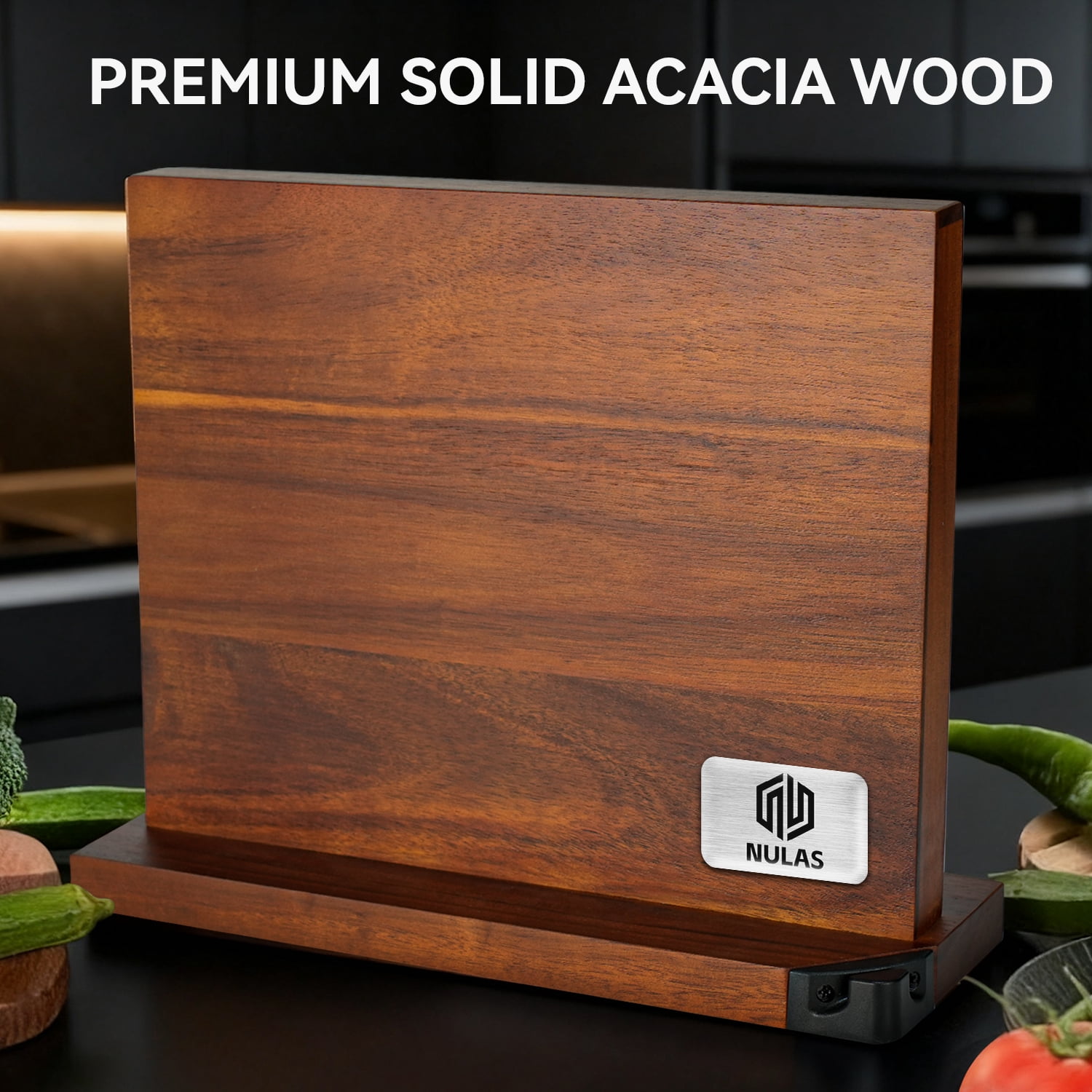 NULAS Magnetic Knife Block with Built-in Sharpener, Solid Wood Countertop Holder for Knives & Tools, No-Slip Base, Space-Saving Kitchen Organizer