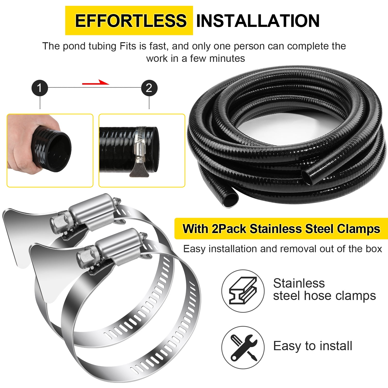 Flexible PVC Pipe1.5" Dia Black PVC Pipe,1.5" x50 feet Pool Hose,Spa Hose Tubing for Koi Ponds, Pond Tubing,Irrigation and Water Gardens,With 2PCS Stainless Steel Clamps