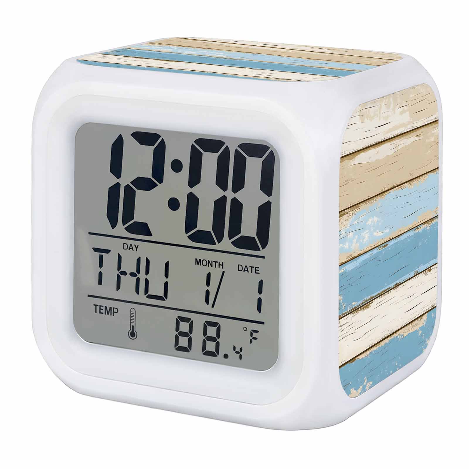 Vintage Alarm Clock, Farmhouse Blue Beige Wood Grain Country Style Digital Clock Night Light with 7 Color, Calendar Temperature Display, LED Desk Small Clock for Bedrooms Bedside Living Room