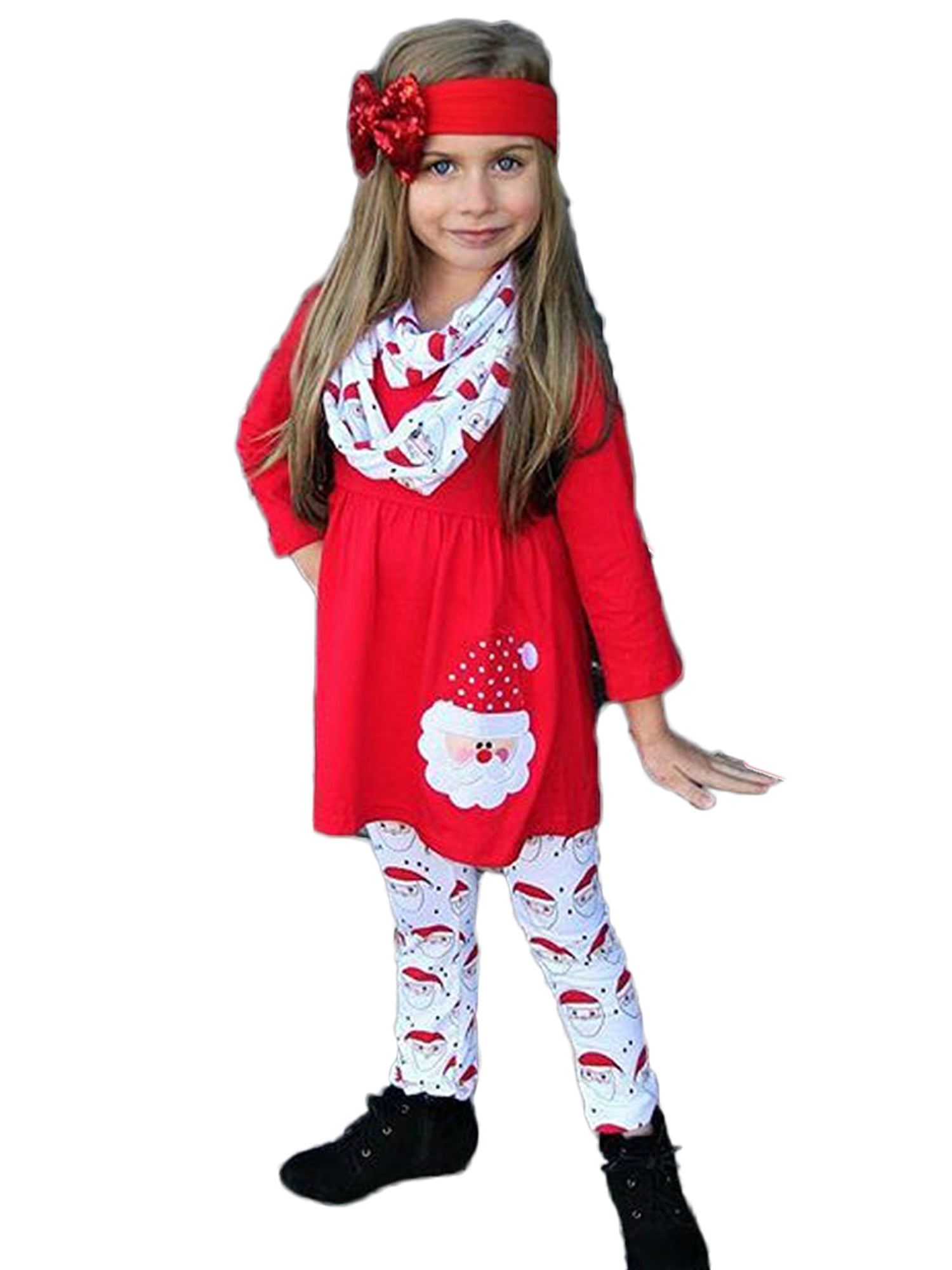 Toddler Kids Baby Girls Christmas Outfit Santa Print Shirts Tops Dress Pants Leggings Headband Halloween Clothes Set 