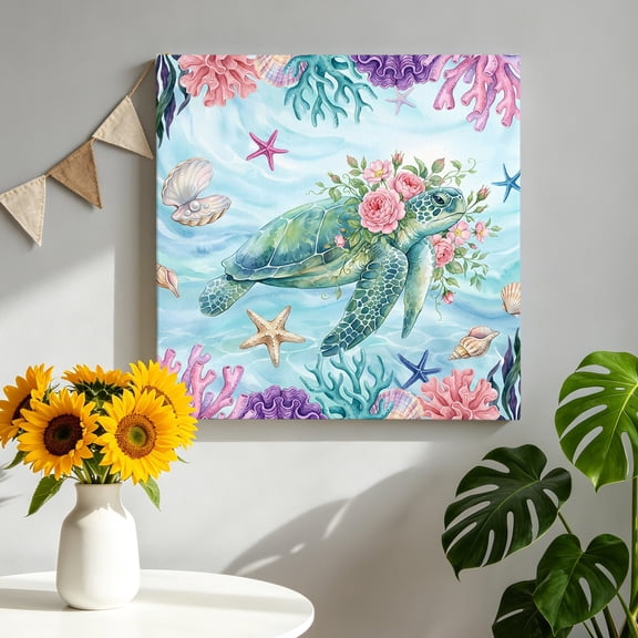 Canvas Wall Art Sea Turtles Canvas Art Print Pink Flower Shell Starfish Coral Ocean Watercolor Pictures Wall Decor for Living Room Bedroom Artwork Decorations Stretched Framed Ready to Hang 8"x8"