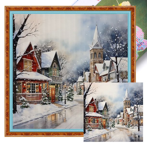 Hilo Algodón Ecológico Bordado Punto Cruz Impreso 14CT Casa Invierno 50x50cm