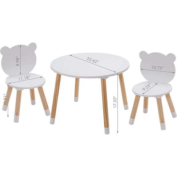 Kids Wood Table and Chair Set, Kids Play Table with 2 Chairs, 3 Pieces Wood Round Table for Toddlers, Girls, Boys, White