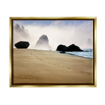 Stupell Industries Beach Sand Footprints Foggy Cliffs Coastal Photography Gold Floater Framed Art Print Wall Art