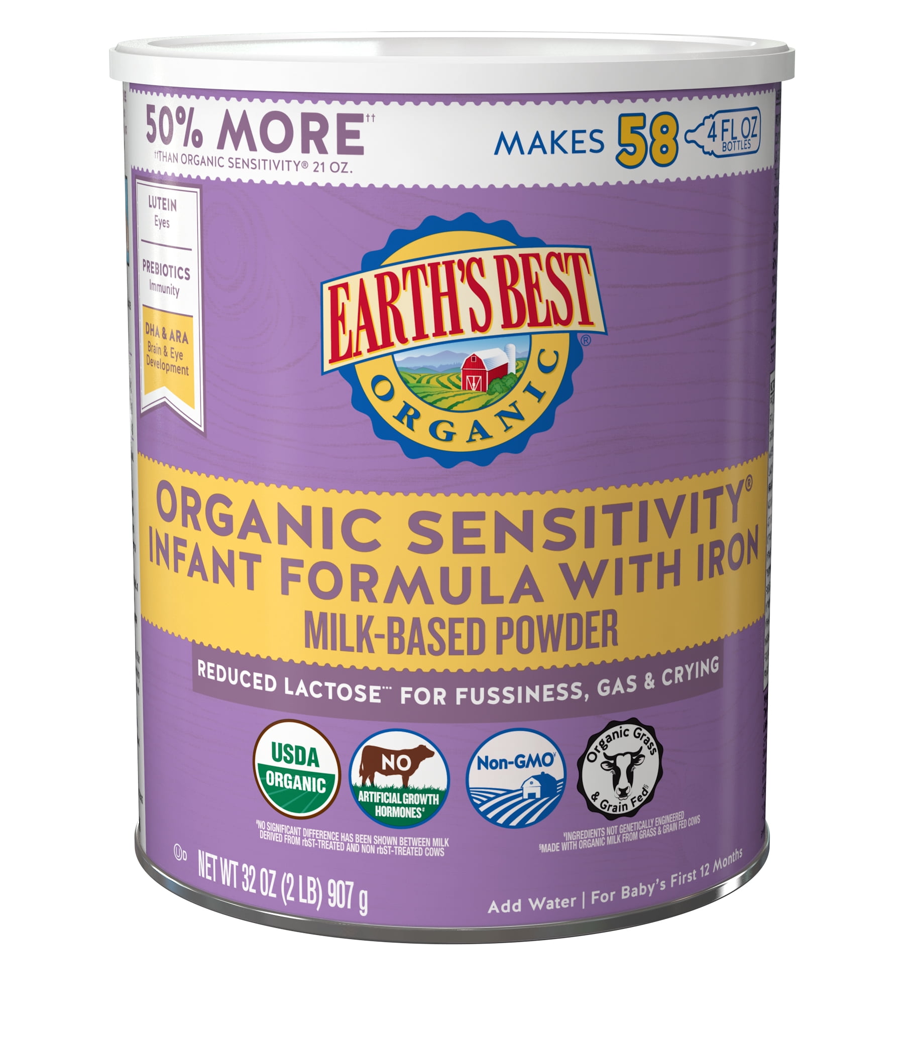 Earth S Best Organic Low Lactose Sensitivity Infant Powder Formula With Iron Omega 3 Dha And Omega 6 Ara 32 Oz Can Walmart Com Walmart Com