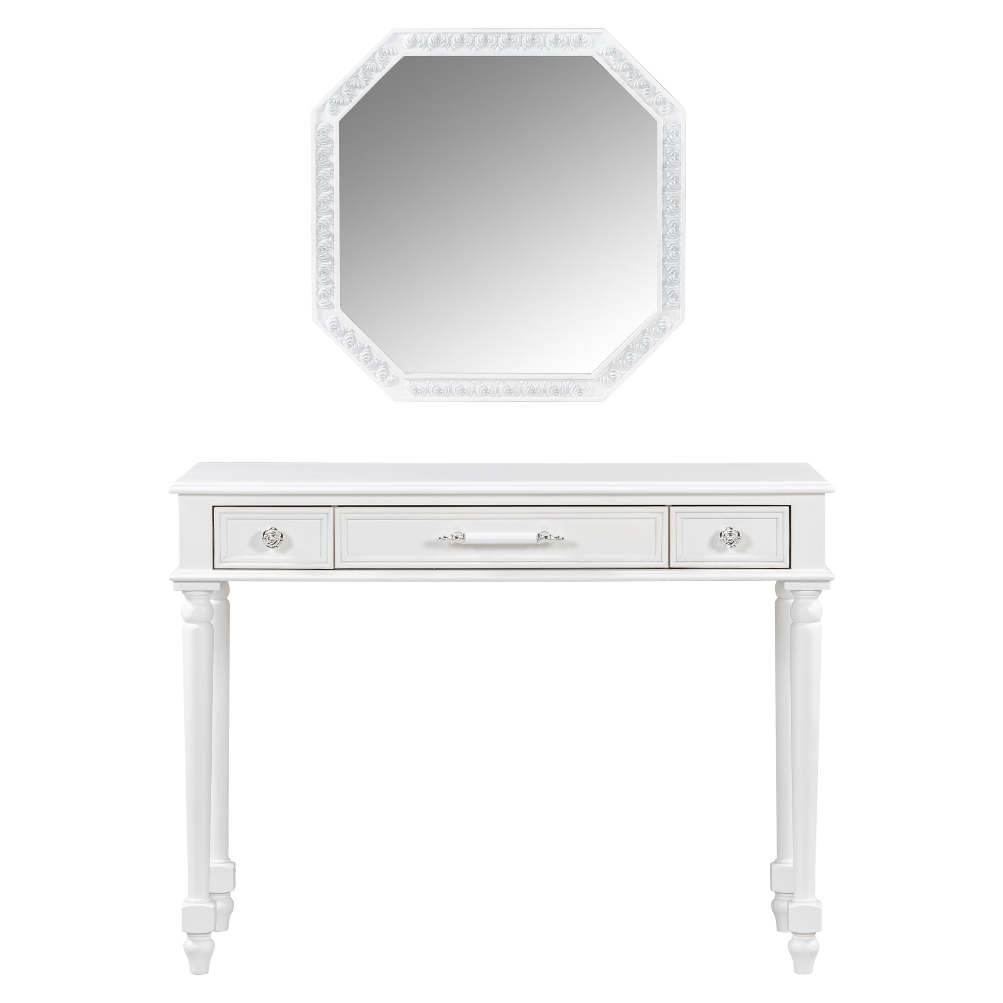Euroco Vintage Vanity Desk with Octagonal Mirror – Distressed White Makeup Table with Storage Drawers & Carved Details