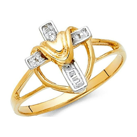14k Two Tone Italian Solid Gold Religious Cross 13mm Heart Shape Ring