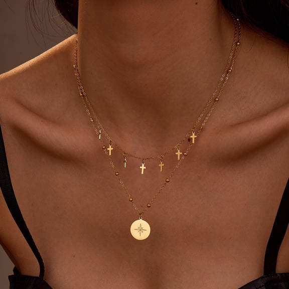 14K Gold Double Chains Necklace Round Pendant Necklaces Multi Cross Charm Necklace Layered Necklaces