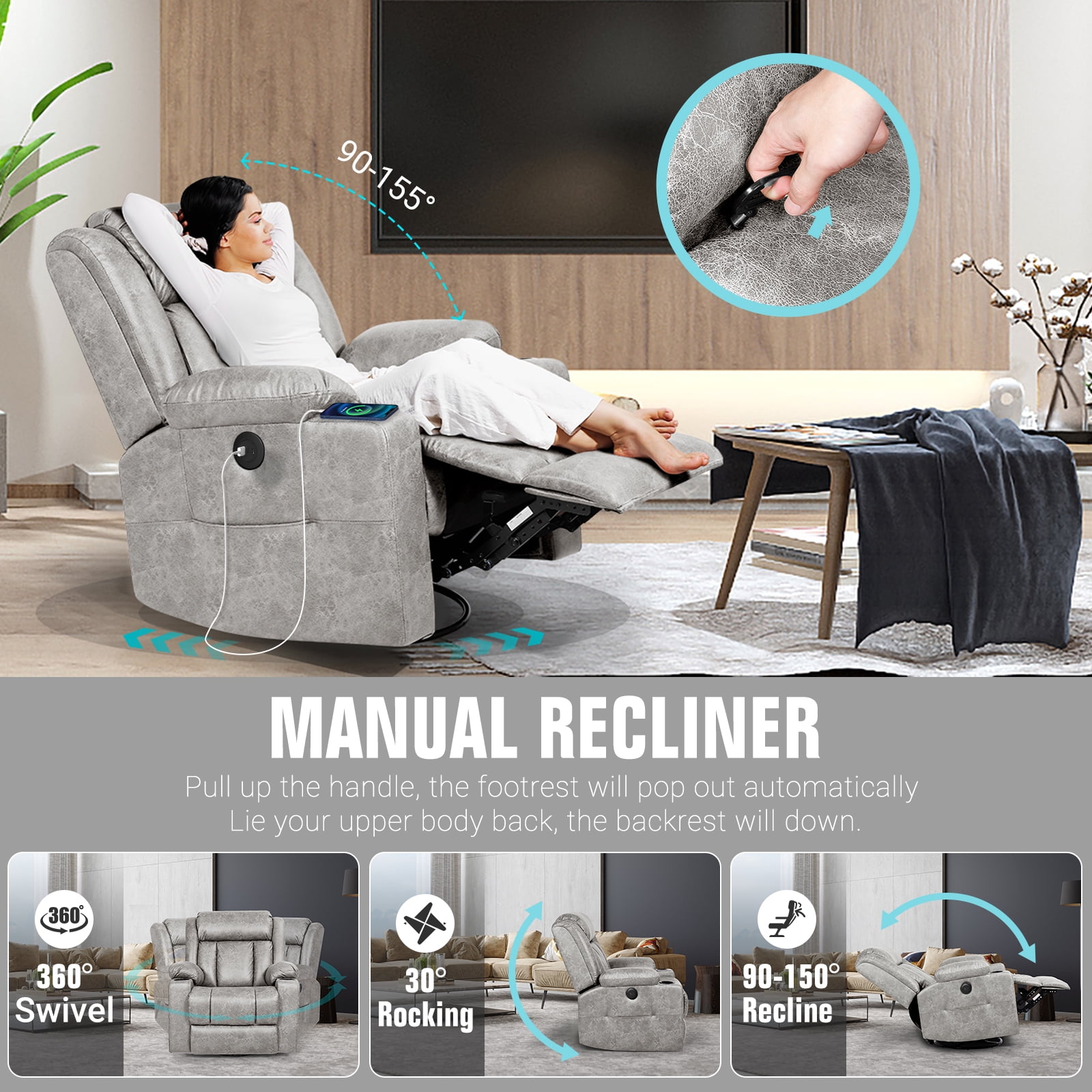 LAFWELL Rocking Recliner Chair - 360° Swivel with Vibration Massage & Heat, Grey - Ideal for Living Room, Bedroom, Nursery, RV