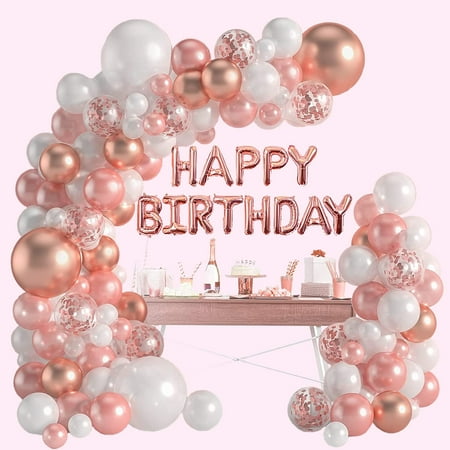 Rose Gold Balloons Garland Arch Kit- 5+12+18 Inch Rose Gold White Confetti Birthday Balloons Decorations For Women Girls Princess Engagement Wedding Birthday Party decorations