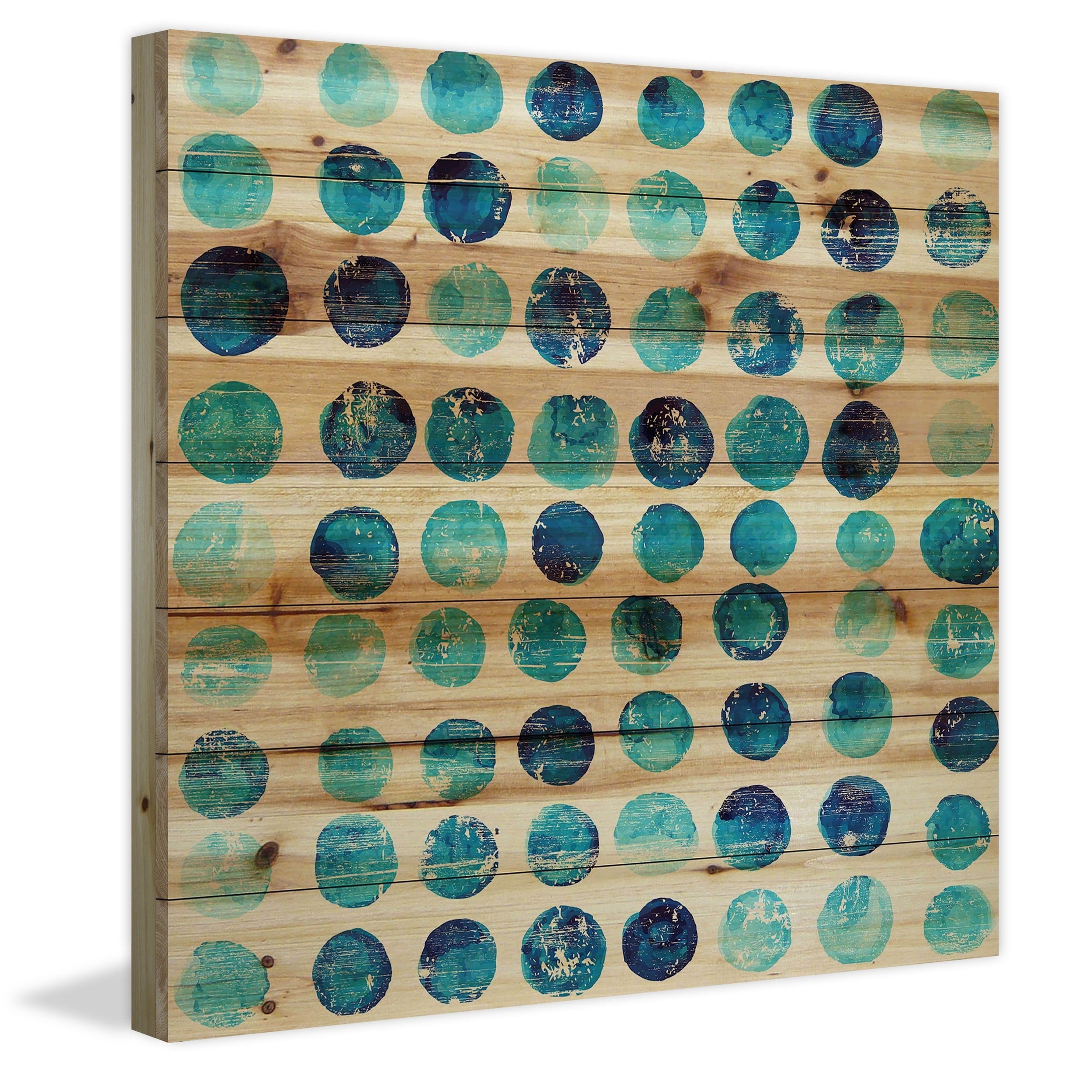 "Blue Dot Stamps" Painting Print on Natural Pine Wood