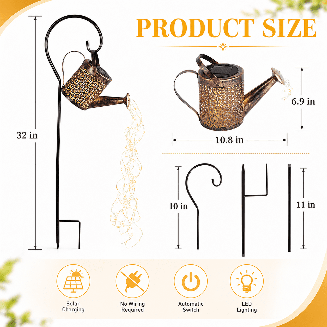TiokMc Watering Can Light Led Solar 5 V Lanterns, Stainless Steel Warm White, Nickel Metal Hydride
