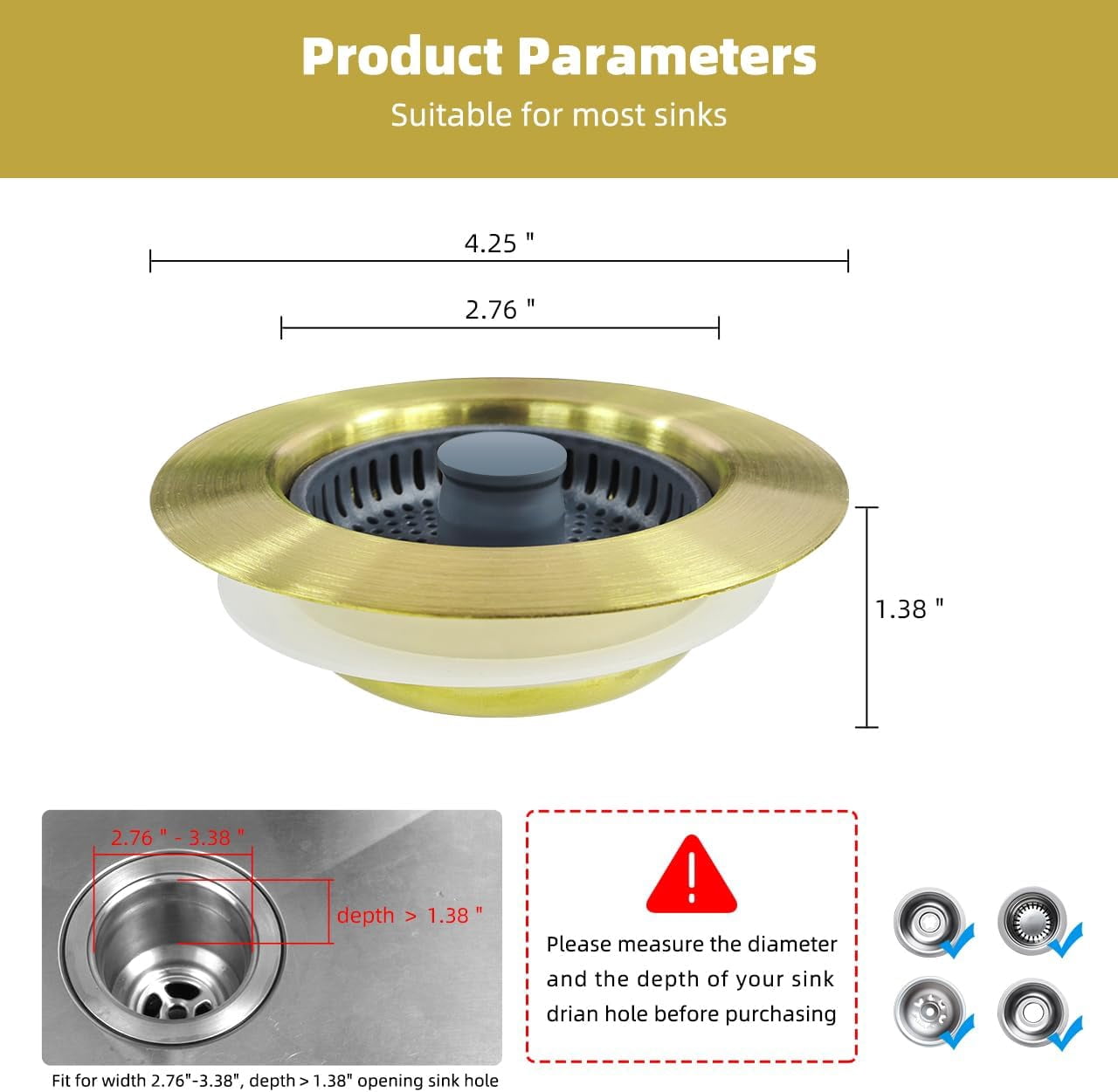 Upgraded 3 in 1 Kitchen Sink Drain Strainer and Stopper Combo, Stainless Steel Metal Pop Up Sink Stopper, 3 Anti-Clogging Basket Strainers for US Standard 3-1/2 Inch Drain, Brushed Gold