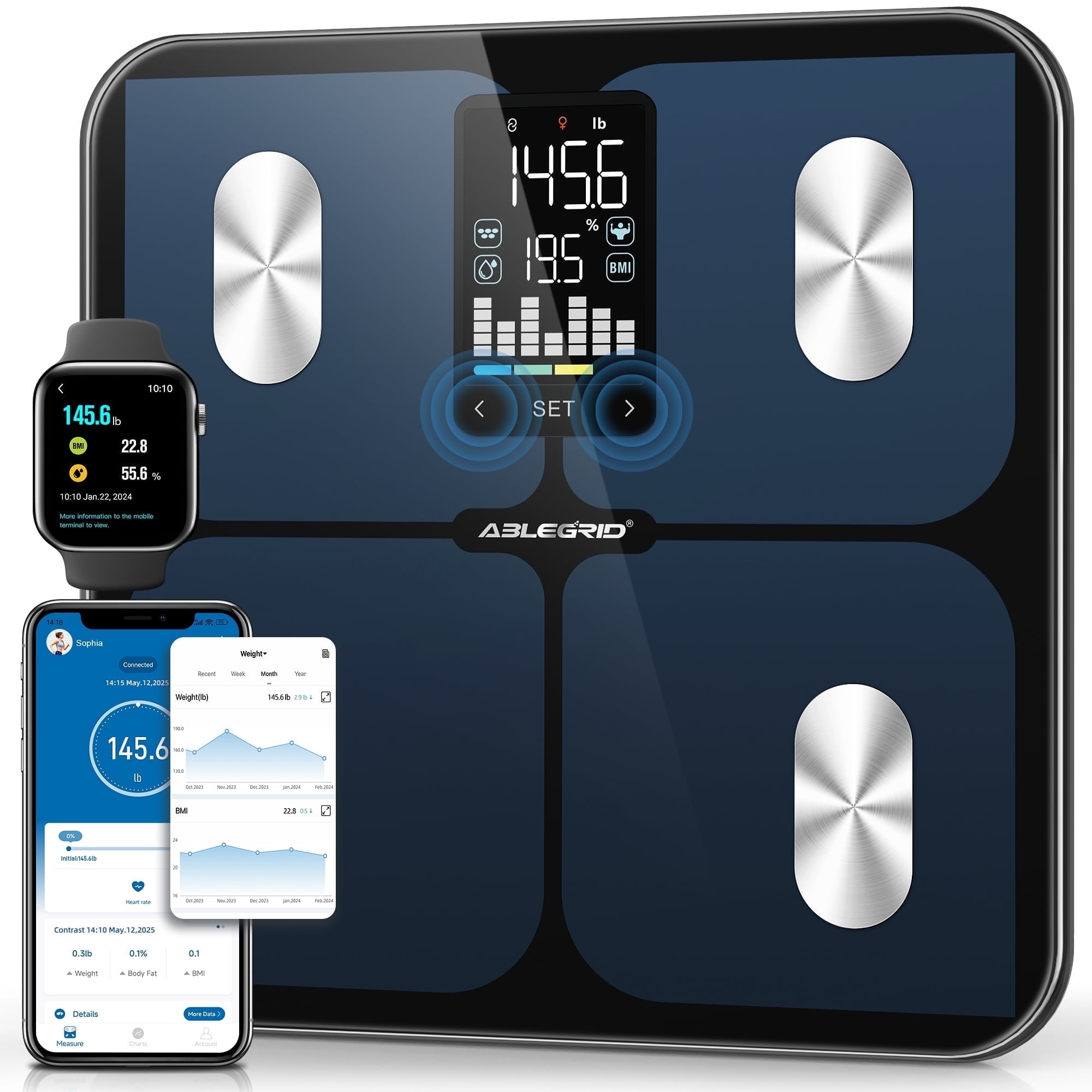 ABLEGRID Smart Digital Scale for Body Weight and Fat Percentage Battery Powered, BMI Muscle Mass Composition Analyzer with Fitness App, 400lb