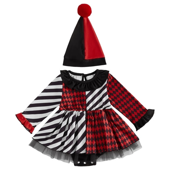 OJSFQUFP Halloween Outfit Infant Baby Girl Halloween Clown Cos Long Sleeve Romper Dress with Hat Toddler Trick Or Treat Outfit 0-18M