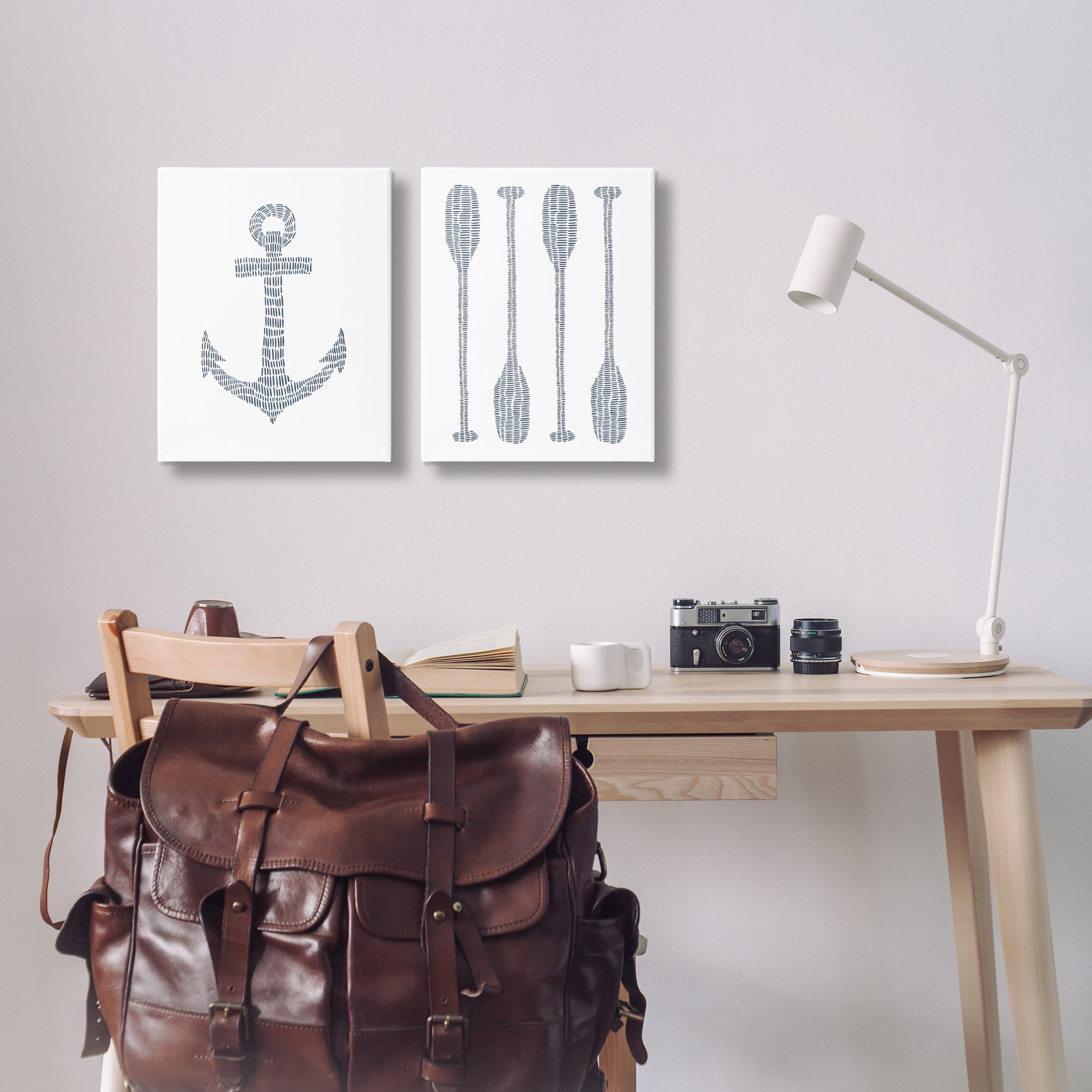 Stupell Industries Simple Lines Nautical Anchor Oars Nautical & Beach Painting Wrapped Canvas Art Print Wall Art, 16 x 20, Set of 2