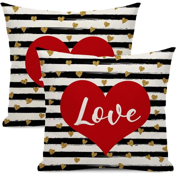 Valentines Day Pillow Covers 16x16 Set Of 2 Black Stripe Love Heart Throw Pillow Covers Valentine''s Mother''s Day Wedding Anniversary Decoration Gift Farmhouse Cushion Cover For Home Sofa Decor