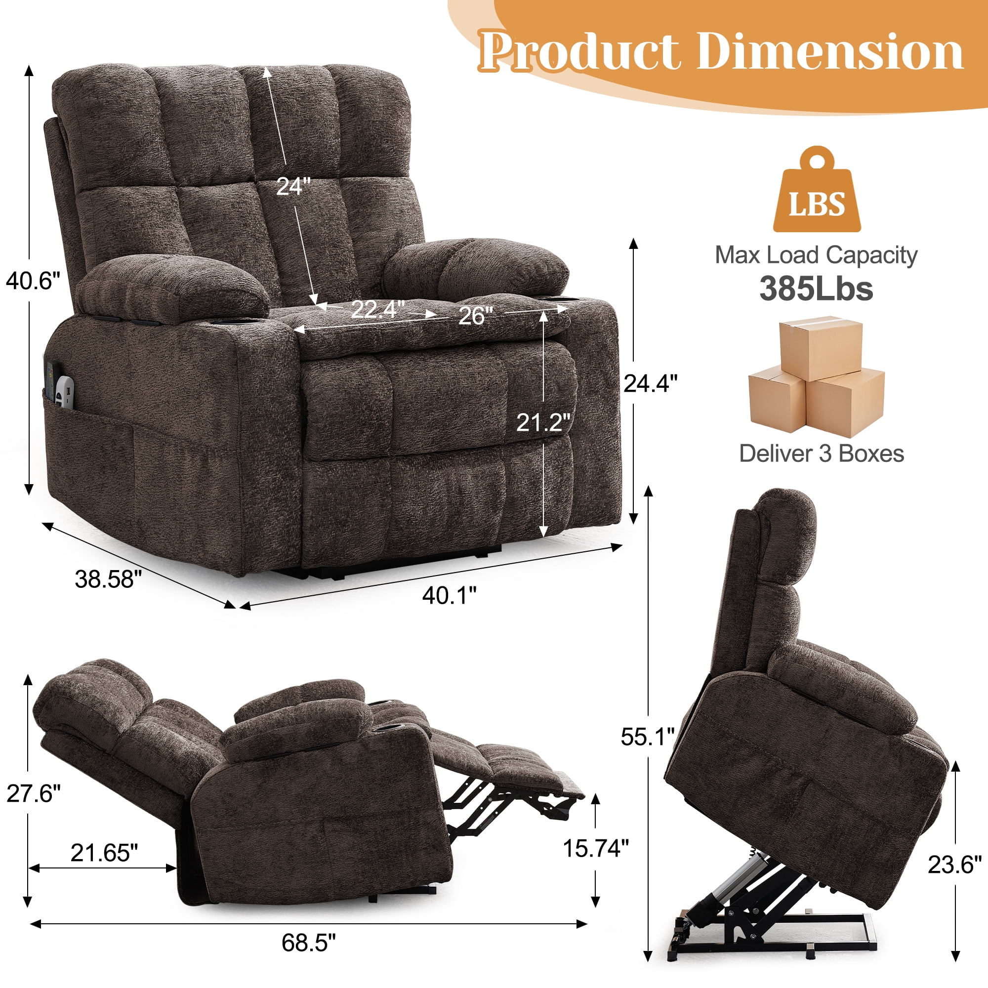 Korser Oversized Dual Motor Power Lift Recliner for Elderly with Adjustable Headrest,Massage Recliner Chair with USB Ports & Type C Electric Lift Chair with Storebox Cupholder for Living Room,Brown
