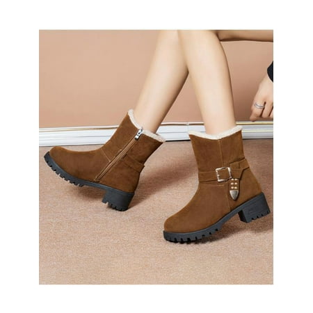 

Tenmix Women Winter Faux Fur Lined Mid Calf Boots Snow Warm Comfy Winter Shoes Brown 5