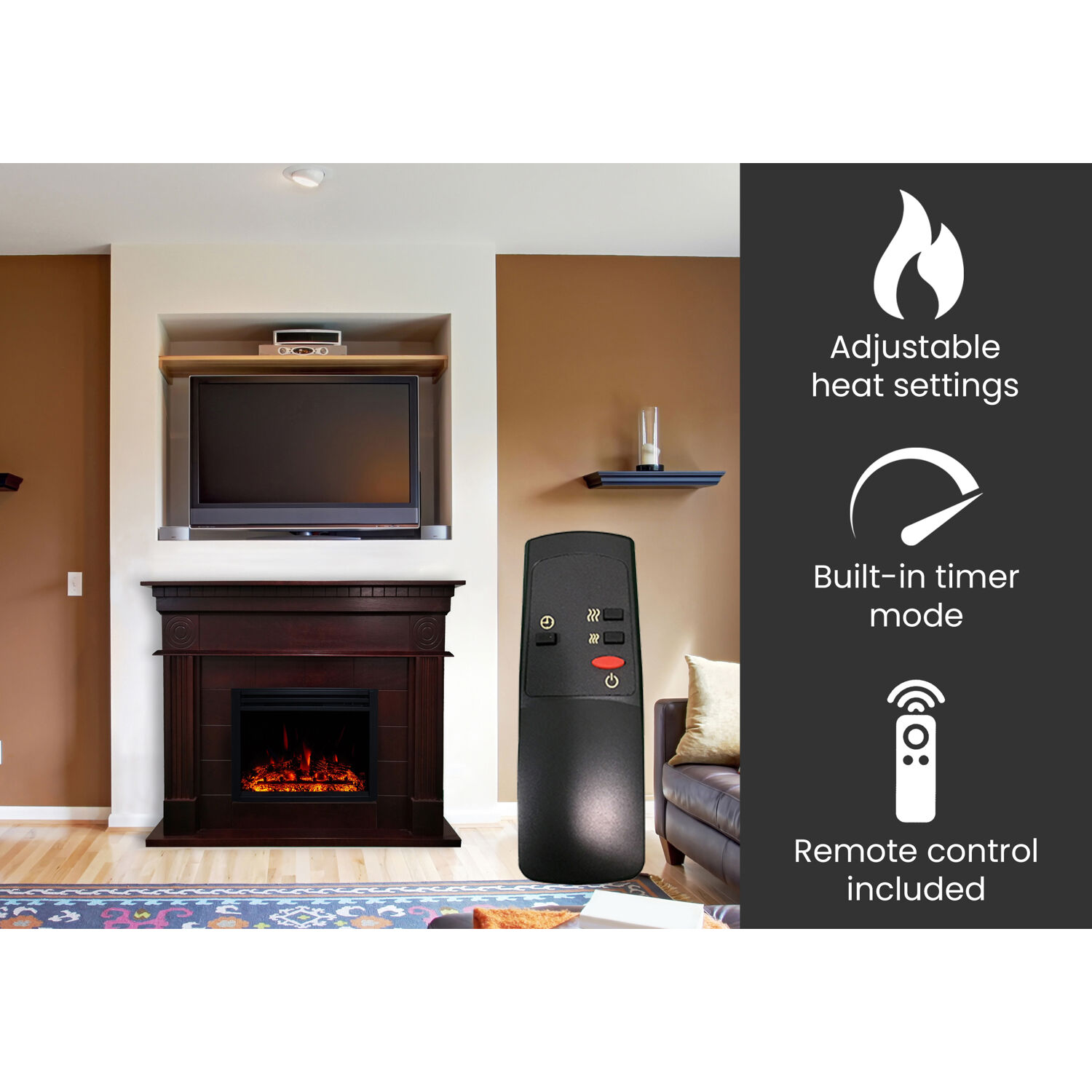 Hanover 47.8-inch York Electric Fireplace Mantel with Deep Log Insert and Multi-Color Flame Display, Mahogany