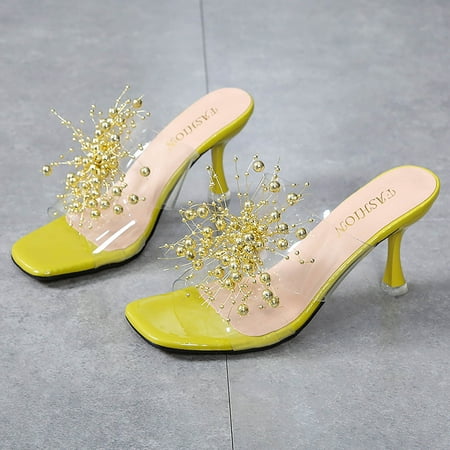 EQWLJWE Foreign Trade Women s Shoes Heightened Breathable Fashion Pearl Slippers Women s High Heels Holiday Clearance