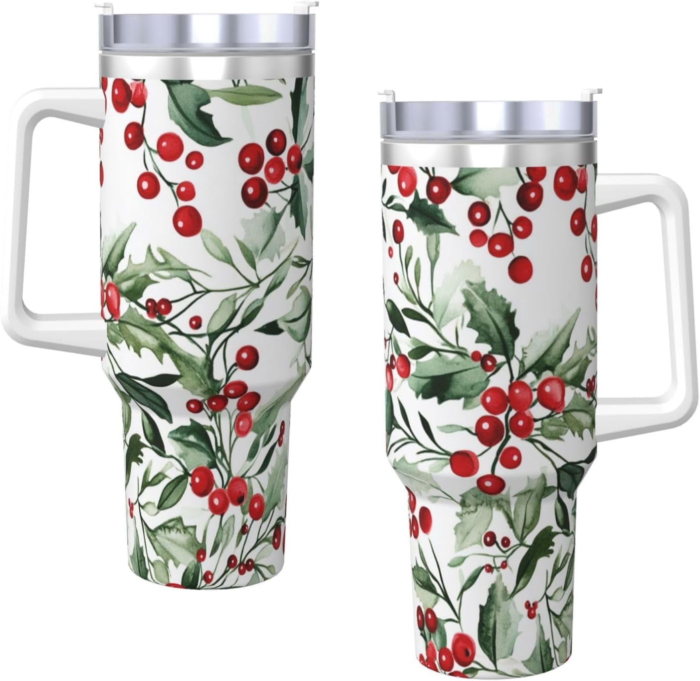 Christmas Holly 40 Oz (1200 ml) Insulated Coffee Tumbler with Handle and Straw Lid, Reusable Stainless Steel Travel Mug Cup for Women Men Party Birthday Gifts