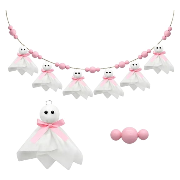 Halloween Pink Bow Ghost Garland,6 Pcs Cute Fabric Ghost Banner with Wooden Beads,Soft Kawaii Bunting for Kids Room,Baby Shower, Party Decor