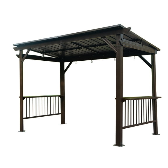 6.5x12FT Hardtop Grill Gazebo with Sloping Galvanized Steel Roof, Outdoor BBQ Gazebo with 2 Side Shelves and 4 Ceiling Hooks, Metal Permanent Grill Canopy for Patio, Lawn, Backyard, Brown