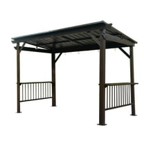 6.5x12FT Hardtop Grill Gazebo with Sloping Galvanized Steel Roof, Outdoor BBQ Gazebo with 2 Side Shelves and 4 Ceiling Hooks, Metal Permanent Grill Canopy for Patio, Lawn, Backyard, Brown