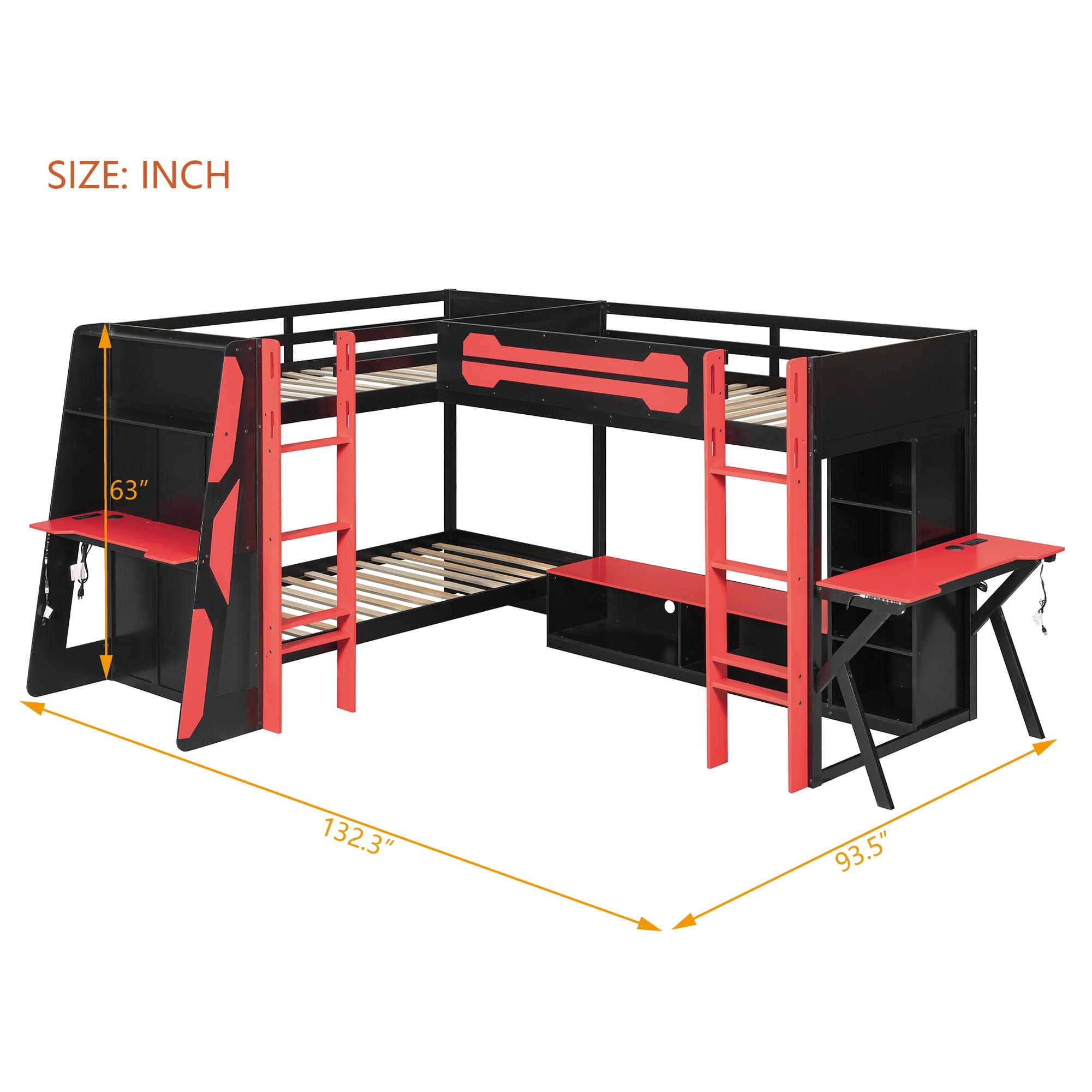 Mintazer L-Shaped Triple Twin Gaming Bunk Bed with 2 Gaming Desks & RGB LED Lights, Triple Bed Frame with USB Charging, TV Stand & Storage Shelves for Bedroom, Black & Purple