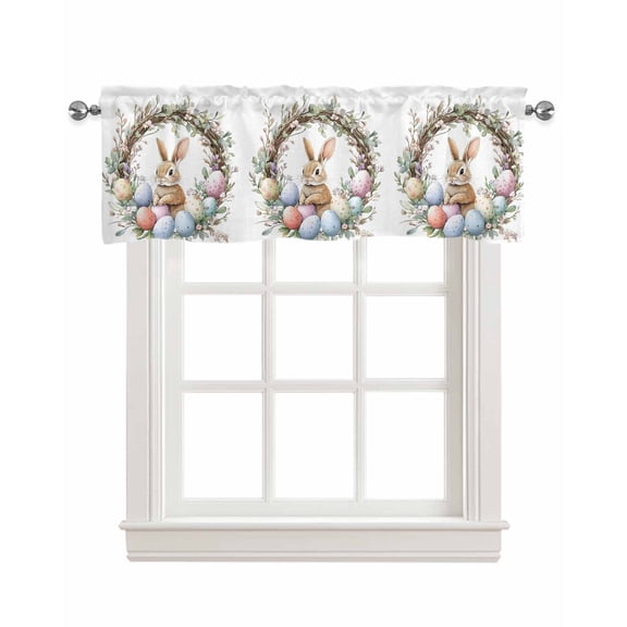 Bunny Easter Kitchen Valances for Windows Farmhouse Linen Window Valance Curtain for Living Room Window Treatment Spring Floral Botanical Wreath Eggs Valance Rod Pocket Topper Drape, 42 x 12 Inch