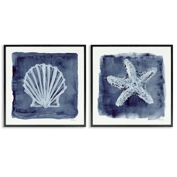 Stupell Industries Shell & Starfish Impressions Nautical & Beach Painting Black Framed Art Print Wall Art, 12 x 12, Set of 2