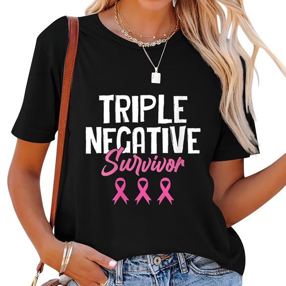 Womens Triple Negative Survivor Breast Cancer Awareness Pink Ribbon Round Neck T Shirt Black