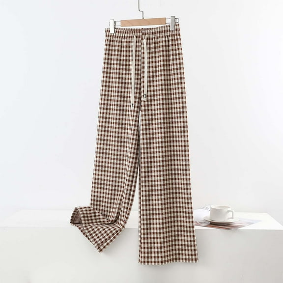 BXJX Women's Plaid Lounge Pants- Elastic Waist Casual Soft Thermal Ankle-Length Pajama Bottoms Coffee Size 2XL