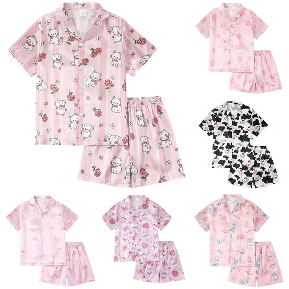 Pandaie 5-14Y Toddler Girls Pajamas Set Satin Silk Button Down Short Sleeve Sleepwear Kids 2 Piece Pjs Loungewear Gifts Black