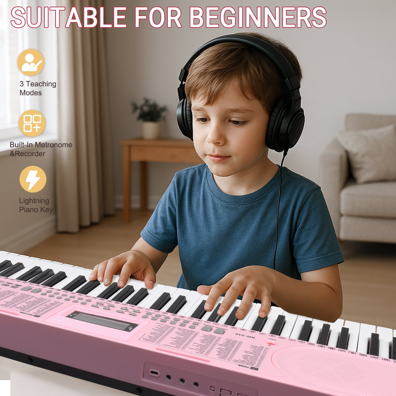 Ktaxon 61 Keys  Keyboard Piano with Lighted Keys, Z-Stand, Piano Bench, Pink