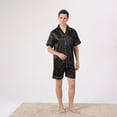 thumbnail image 4 of Defitshape Men's 2 Piece Shorts Pajamas Soft Pj Set Satin Lightweight Silky Summer Lounge Set Thin Spring Loose Lounge Set Black White Large, 4 of 4