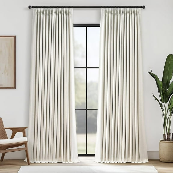 Ivory White Pinch Pleated 100% Blackout Curtains & Drapes 84 Inch Length 2 Panels Set,Flax Linen Room Darkening Soundproof Modern Curtains with Hooks Rings for Bedroom Living Room