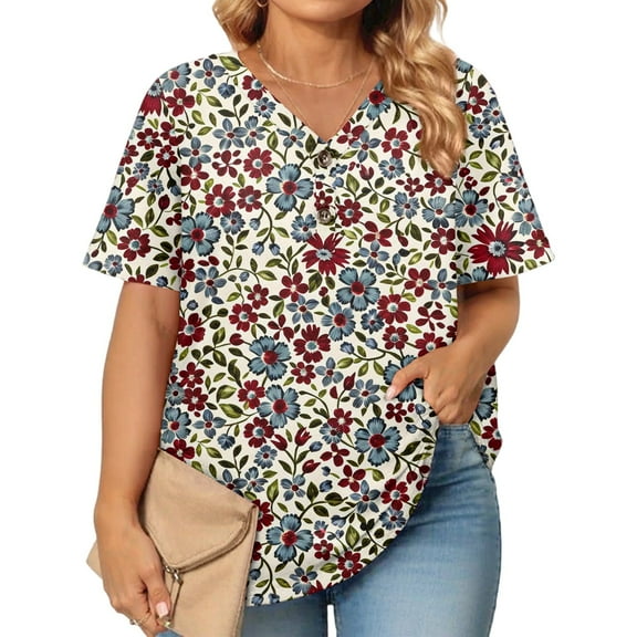 Abcomgle Womens Tops Plus Size 4x-5x Sexy Short Sleeve Blouses Vintage Floral Graphic T-Shirt V Neck Button Down Tunic Shirts Loose Fit Casual Clothes for Women,Dark Purple XL